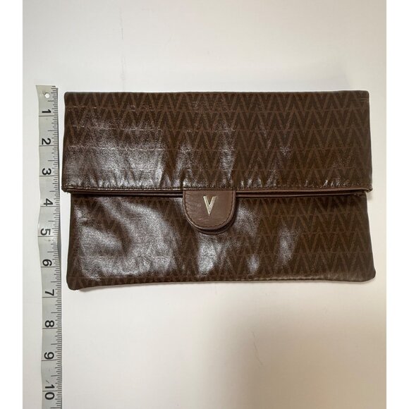 Authentic Valentino Vintage Brown V Monogram Clutch Foldover Faux Leather Womens - Picture 4 of 10